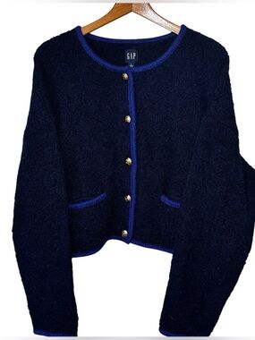 Gap Boucle Cropped wool blend Sweater Jacket in Navy Blue. Women’s Large.